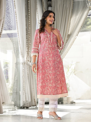 Varanga Women Peach Paisley Printed Lace Embellished  A-Line Kurta
